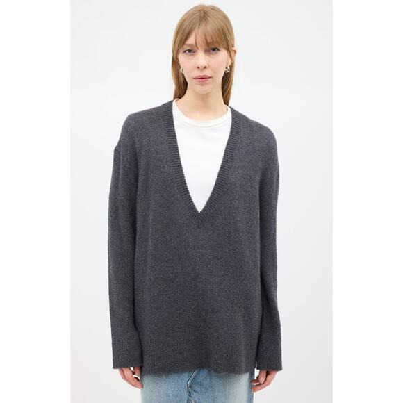 The Row Baudelia Deep V Neck 100% Cashmere Oversized Sweater Tunic Grey - Picture 2 of 10